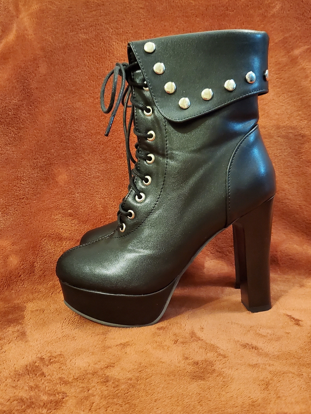Black Studded Lace-Up Platform Ankle Boots